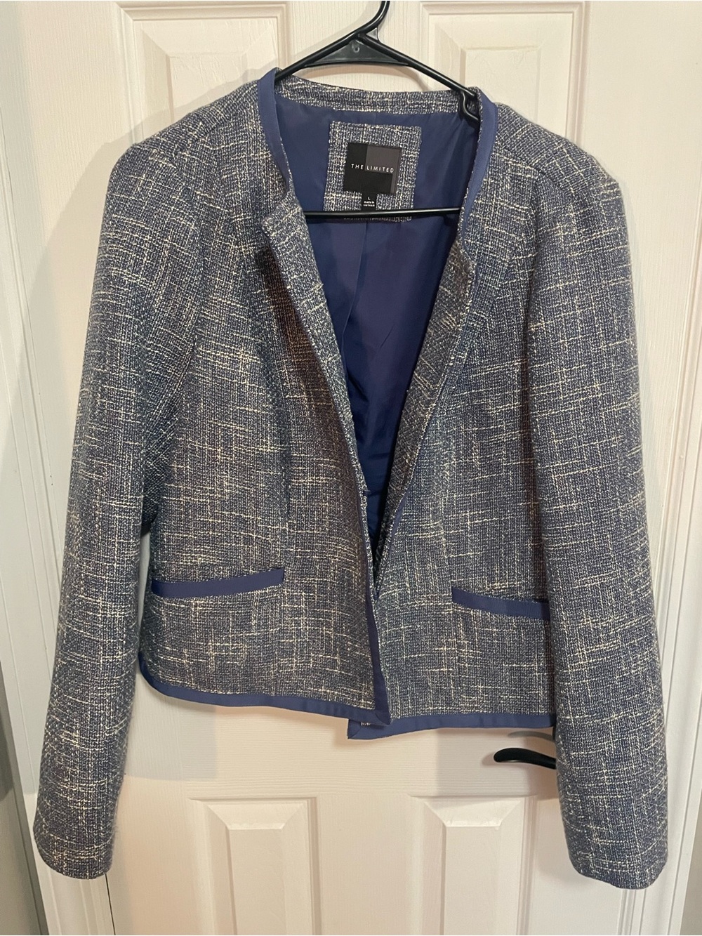 The Limited Periwinkle and Blue Tweed Open-Front Blazer with Cream Threading